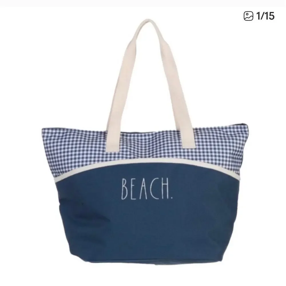 Rae Dunn Blue Cream Insulated Beach Large Tote Bag